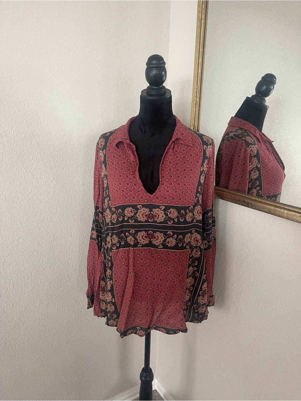Free People Red and Black Floral Peasant Tunic